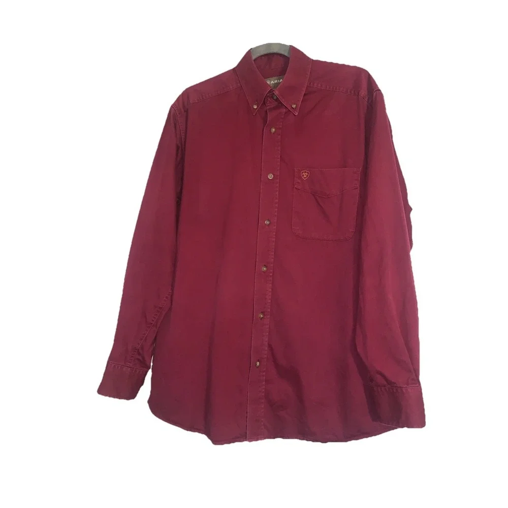 ARIAT Shirt Mens M Burgundy Cotton Twill Classic Fit Button Western Cowboy Rodeo